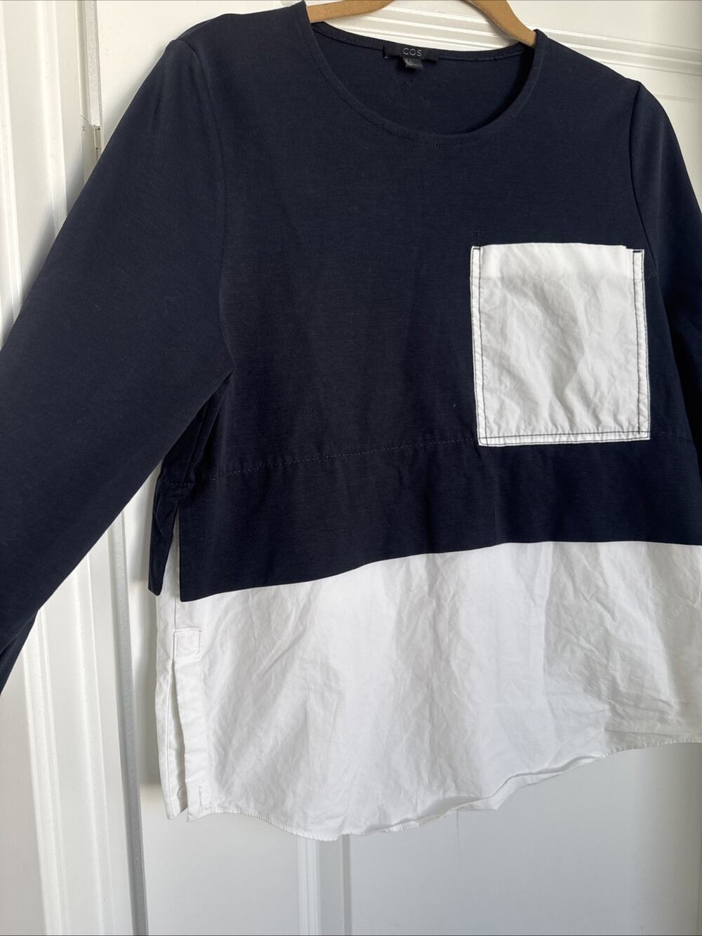 COS Oversized Woven-Jersey Top Navy Blue White Women’s Size Small